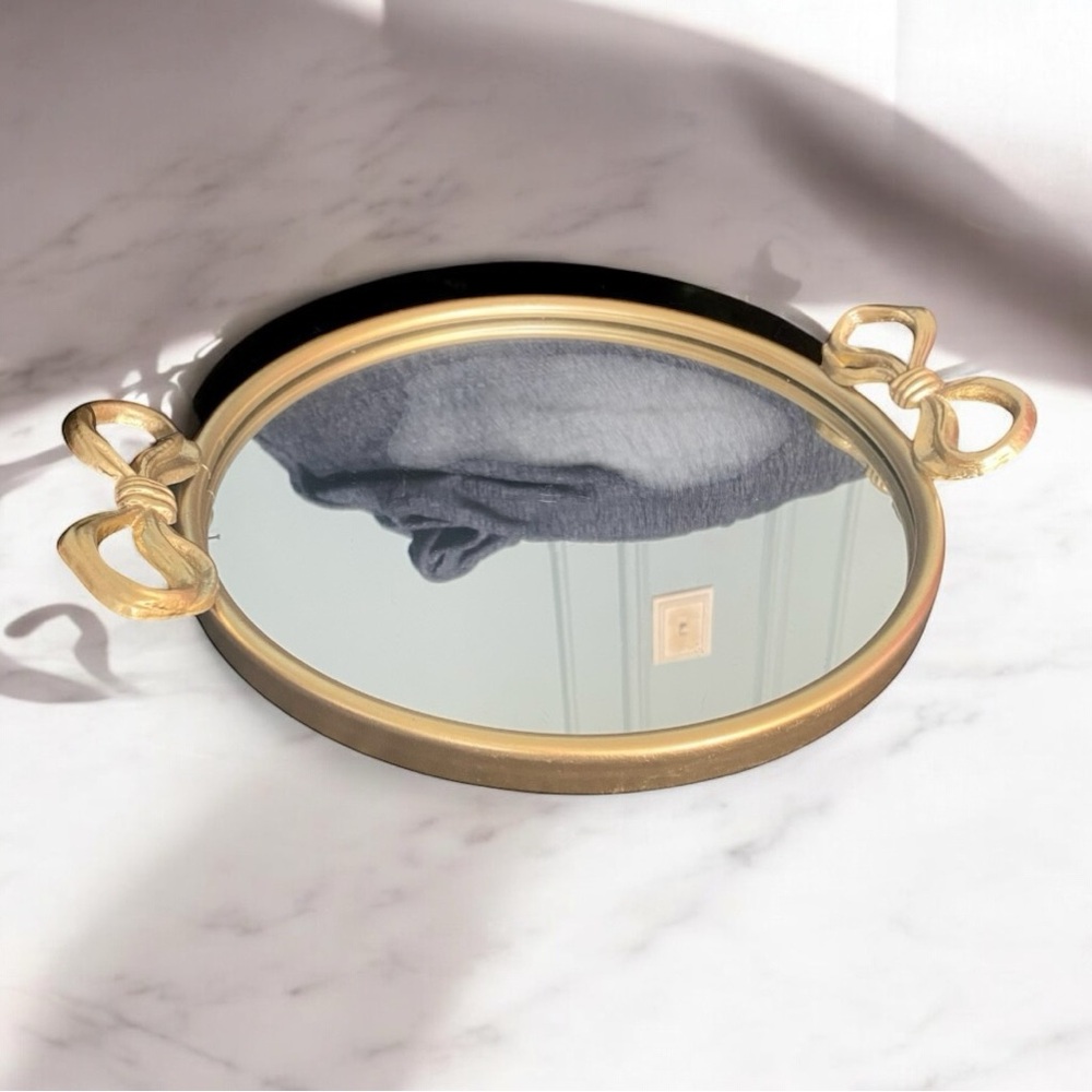 Gold Round Large Gold Bow Coquette Mirrored Tray
